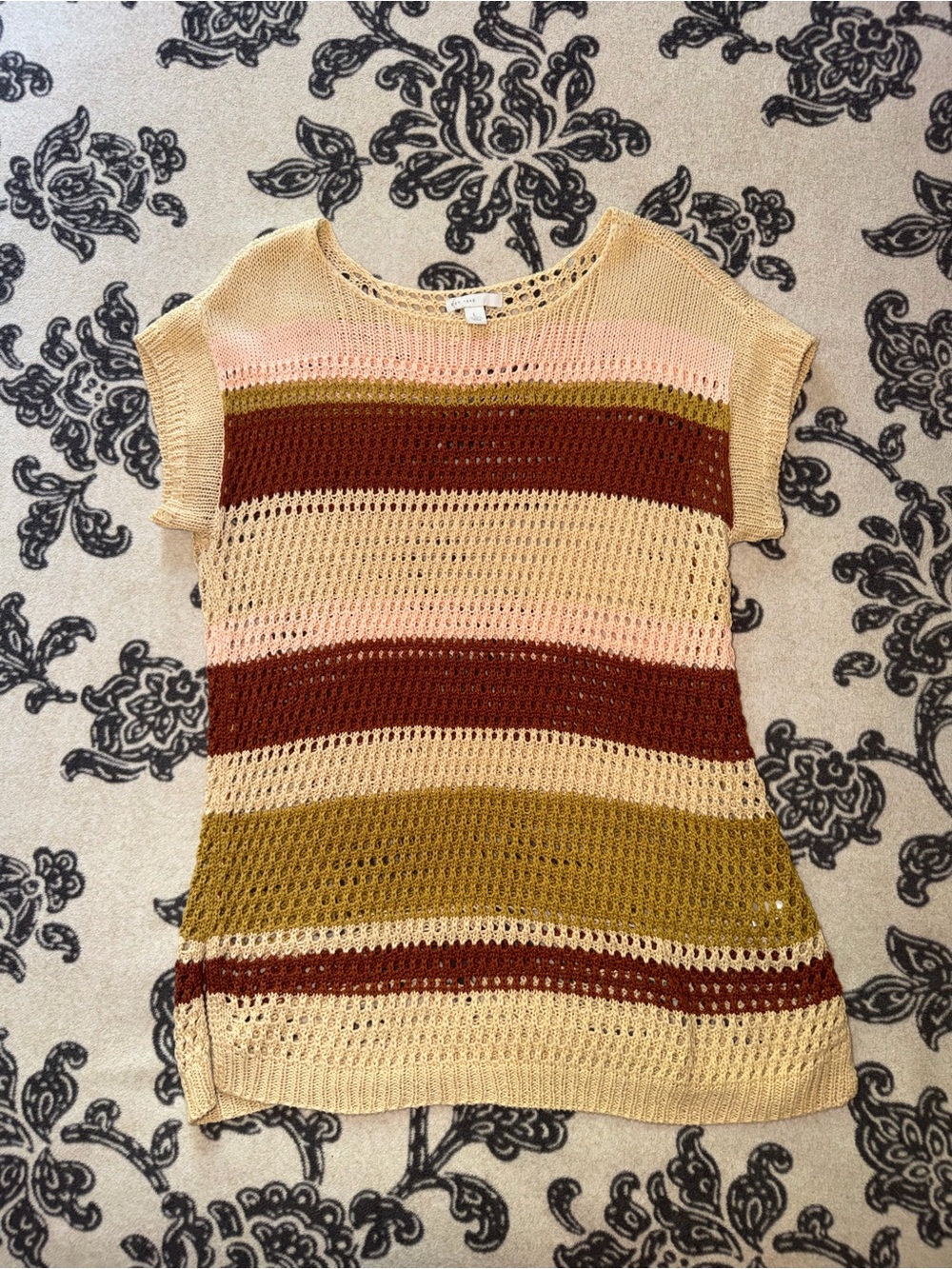 Beige Multicolor Striped Open-Knit Women's Sweater